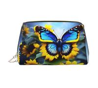WZYCWB Sunflower Blue Butterfly Printed Leather Cosmetic Bag - Stylish and Portable Cosmetic Storage Bag