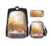 WZYCWB Sunflowers under the windowsill Backpack set (3-piece set) - student school bag + pencil case + lunch bag, large capacity backpack, Black, One Size