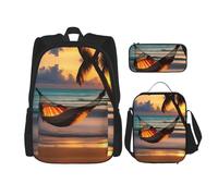 WZYCWB Sunset beach hammock Backpack set (3-piece set) - student school bag + pencil case + lunch bag, large capacity backpack, Black, One Size