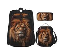 WZYCWB The Lion's Gaze Backpack set (3-piece set) - student school bag + pencil case + lunch bag, large capacity backpack, Black, One Size