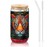WZYCWB The mighty tiger. 16OZ bamboo lid straw glass cup Iced coffee mugs cute iced tea mugs beer mugs ideal for coffee bar accessories aesthetic gifts