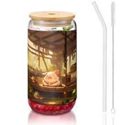 WZYCWB The pig is sleeping. Printed bamboo lid glass for hot and cold iced coffee, milk tea, and beer. A stylish water cup.