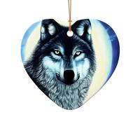 WZYCWB This Heart Shape ceramic Christmas tree wolf under moon printed with a pattern is perfect for winter Christmas party and home decor.