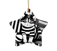 WZYCWB This Star Shape ceramic Christmas tree Black and white striped kitten printed with a pattern is perfect for winter Christmas party and home decor.