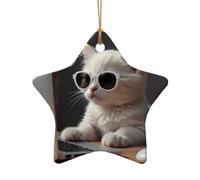 WZYCWB This Star Shape ceramic Christmas tree kitten wearing sunglasses printed with a pattern is perfect for winter Christmas party and home decor.