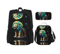 WZYCWB Tribal Style Lion Backpack (3-piece set), large capacity backpack, student school bag, pencil case, lunch bag combination