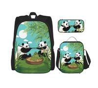 WZYCWB Two cute big pandas Backpack (3-piece set), large capacity backpack, student school bag, pencil case, lunch bag combination