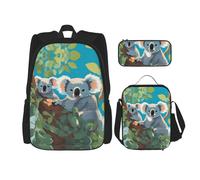WZYCWB Two happy koalas Backpack set (3-piece set) - student school bag + pencil case + lunch bag, large capacity backpack, Black, One Size, Black, One Size
