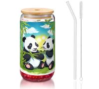 WZYCWB Two happy pandas 16OZ bamboo lid straw glass cup Iced coffee mugs cute iced tea mugs beer mugs ideal for coffee bar accessories aesthetic gifts