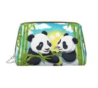 WZYCWB Two happy pandas Leather cosmetic bag with pockets, portable travel cosmetic bag, large capacity cosmetic storage bag,