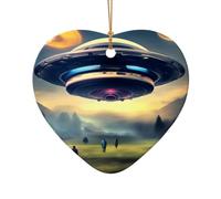 WZYCWB UFO landing patterned Heart Shape ceramic pendant, perfect for decorating your home Christmas tree for winter parties