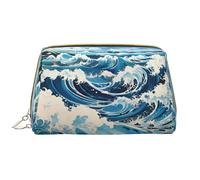 WZYCWB Ukiyo-e style waves Leather cosmetic bag with pockets, portable travel cosmetic bag, large capacity cosmetic storage bag,