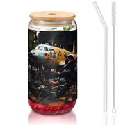 WZYCWB Vintage Aircraft Machinery 16OZ bamboo lid straw glass cup Iced coffee mugs cute iced tea mugs beer mugs ideal for coffee bar accessories aesthetic gifts