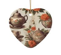 WZYCWB Vintage Tea Time patterned Heart Shape ceramic pendant, perfect for decorating your home Christmas tree for winter parties