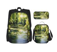 WZYCWB Water Lilies in the Pond Backpack set (3-piece set) - student school bag + pencil case + lunch bag, large capacity backpack, Black, One Size, Black, One Size