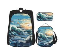 WZYCWB Wave Sailboat Seagull Backpack set (3-piece set) - student school bag + pencil case + lunch bag, large capacity backpack, Black, One Size