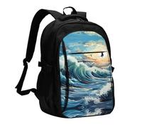 WZYCWB Wave Sailboat Seagull Printed laptop backpack, business men's commuter backpack, computer bag with USB port charging