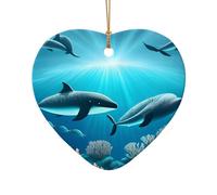 WZYCWB Whales under the sea patterned Heart Shape ceramic pendant, perfect for decorating your home Christmas tree for winter parties