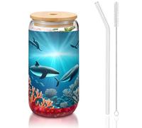WZYCWB Whales under the sea Printed bamboo lid glass for hot and cold iced coffee, milk tea, and beer. A stylish water cup.