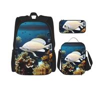WZYCWB White-golden fish Backpack set (3-piece set) - student school bag + pencil case + lunch bag, large capacity backpack, Black, One Size