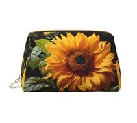 WZYCWB yellow sunflower on a brown background Leather cosmetic bag with pockets, portable travel cosmetic bag, large capacity cosmetic storage bag,