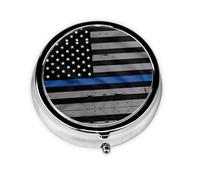 WZYWHJ American Thin Blue Line Flag Printing Circular Medicine Box Storage, Portable Travel with compartments, mini Pill Dispenser