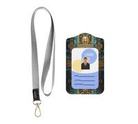 WZYWHJ Ancient Fresco Printed Work Badge Protective Sheath, Leather Identification Card Cover with Detachable Hanging Rope Set