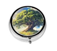 WZYWHJ Ancient oak trees towering printing Circular medicine box storage, portable travel with compartments, mini pill dispenser