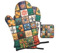 WZYWHJ Ancient Retro Patterns Picture Oven Gloves and Pot Rack 3-Piece Set Thickened Long Kitchen mitt