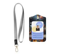 WZYWHJ Animation Art Printed Work Badge Protective Sheath, Leather Identification Card Cover with Detachable Hanging Rope Set