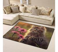 WZYWHJ Area Rugs,Living Room Floor Mats Runner Rug Non-Skip Nursery Mat Playing Carpet 63 x 48 inch Cat Touching Flowers Printing