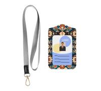 WZYWHJ Artistic Flower Patterns Printed Work Badge Protective Sheath, Leather Identification Card Cover with Detachable Hanging Rope Set