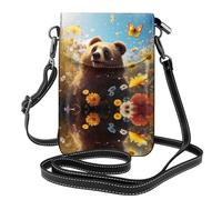 WZYWHJ Bear looking up at flowers Picture Women's leather phone bag crossbody package with adjustable shoulder strap