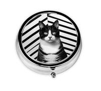 WZYWHJ Black and White cat Printing Circular Medicine Box Storage, Portable Travel with compartments, mini Pill Dispenser