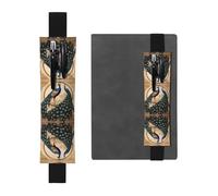 WZYWHJ Black Art Deco Peacock Prints Leather Pen Holder Bookmark - Elastic Clip for Notebooks & Journals with Adjustable Strap, Holds 2-3 Pens