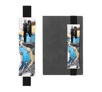 WZYWHJ Black Cartoon Drummer Knock Pattern Leather Pen Holder Bookmark - Elastic Clip for Notebooks & Journals with Adjustable Strap, Holds 2-3 Pens