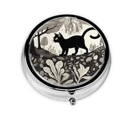 WZYWHJ Black cat in Strange Forest Prints Circular Medicine Box Storage, Portable Travel with compartments, mini Pill Dispenser