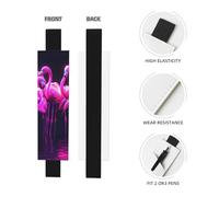 WZYWHJ Black Flock of neon Flamingos Pattern Leather Pen Holder Bookmark - Elastic Clip for Notebooks & Journals with Adjustable Strap, Holds 2-3 Pens