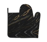 WZYWHJ Black Gold Textured Marble Picture Oven Mitts and Pot Holders Set for Cooking, Microwave, Grilling - with Lanyard Design