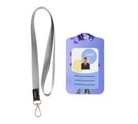 WZYWHJ Bloom Purple Flower Printed Work Badge Protective Sheath, Leather Identification Card Cover with Detachable Hanging Rope Set