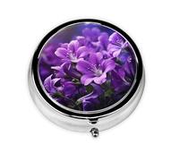 WZYWHJ Blooming Purple Flowers printing Circular medicine box storage, portable travel with compartments, mini pill dispenser