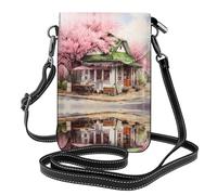 WZYWHJ Café Cherry Blossom Picture Women's leather phone bag crossbody package with adjustable shoulder strap