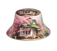 WZYWHJ Café Cherry Blossom Printed Fisherman's hat, Double-Sided Reflective Outdoor Travel, Summer Beach Sun Cap Black