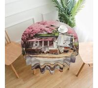 WZYWHJ Café Cherry Blossom Printed Round long tablecloth anti overflow and wrinkle resistant dining table cloth 60 inches