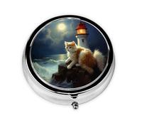 WZYWHJ Cat by lighthouse Printed Circular medicine box storage, portable travel with compartments, mini pill dispenser
