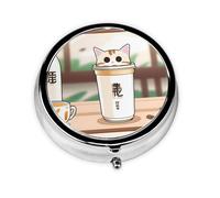 WZYWHJ Cat Shape Milk Tea Pattern Circular Medicine Box Storage, Portable Travel with compartments, mini Pill Dispenser