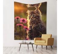WZYWHJ Cat Touching Flowers Picture Tapestries hanging on walls are suitable for decorating parlour and bedrooms 60x51in