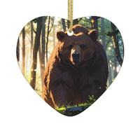 WZYWHJ Christmas Ceramic Heart Pendant Decoration for Tree Hanging Festival Ornaments Brown bear in the forest Prints