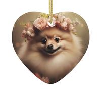 WZYWHJ Christmas Ceramic Heart Pendant Decoration for Tree Hanging Festival Ornaments Pomeranian and flowers Prints