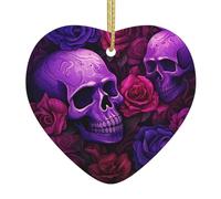 WZYWHJ Christmas Ceramic Heart Pendant Decoration for Tree Hanging Festival Ornaments purple skulls and roses Prints